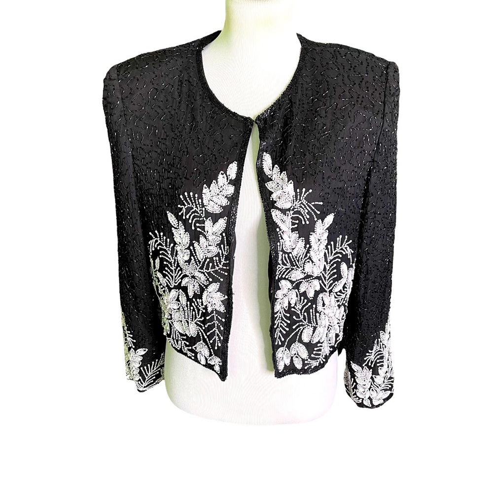 Laurence Kazar beaded sequin cropped evening jacket black and white size XL